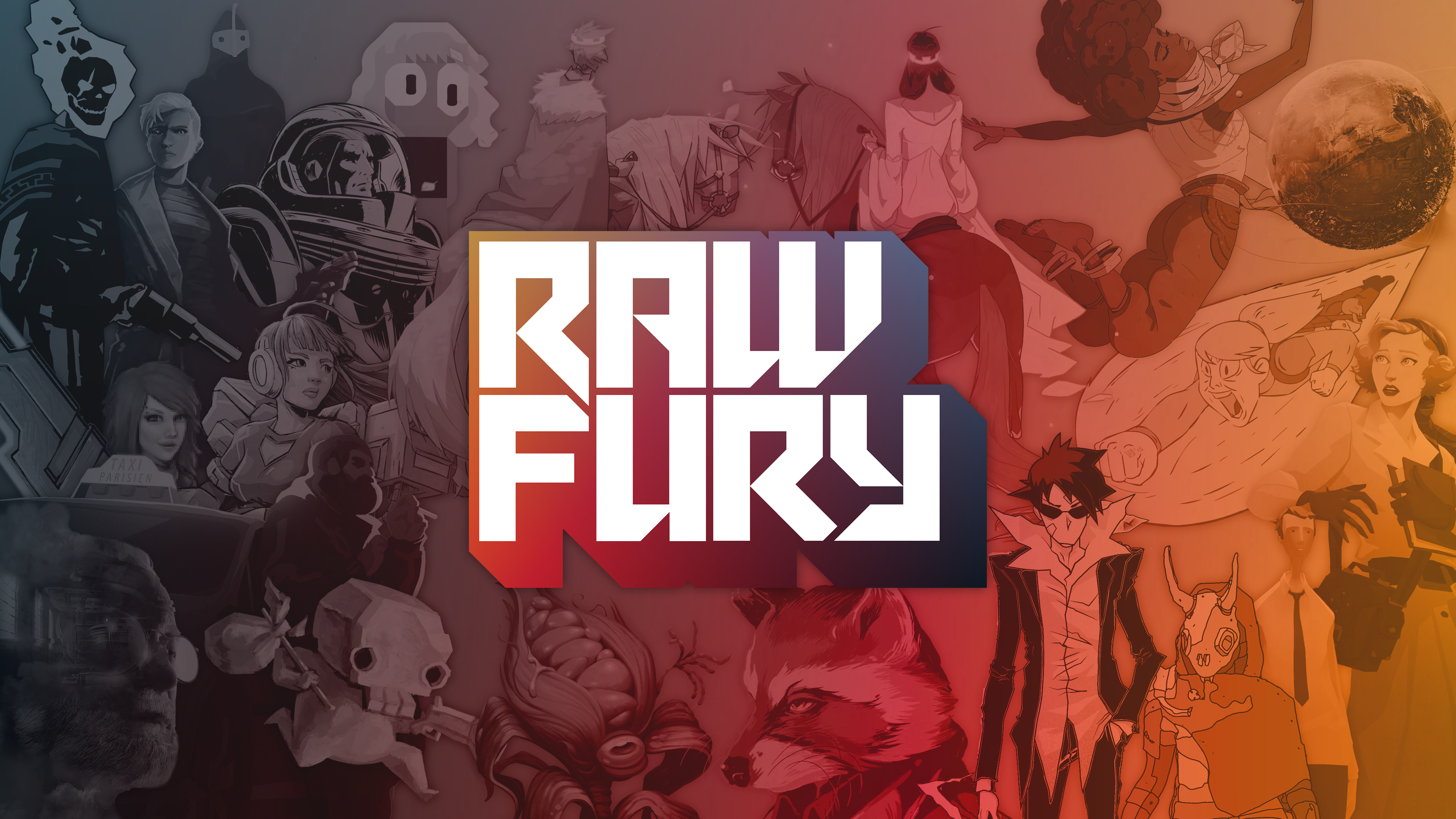 A collage featuring art from various Raw Fury games